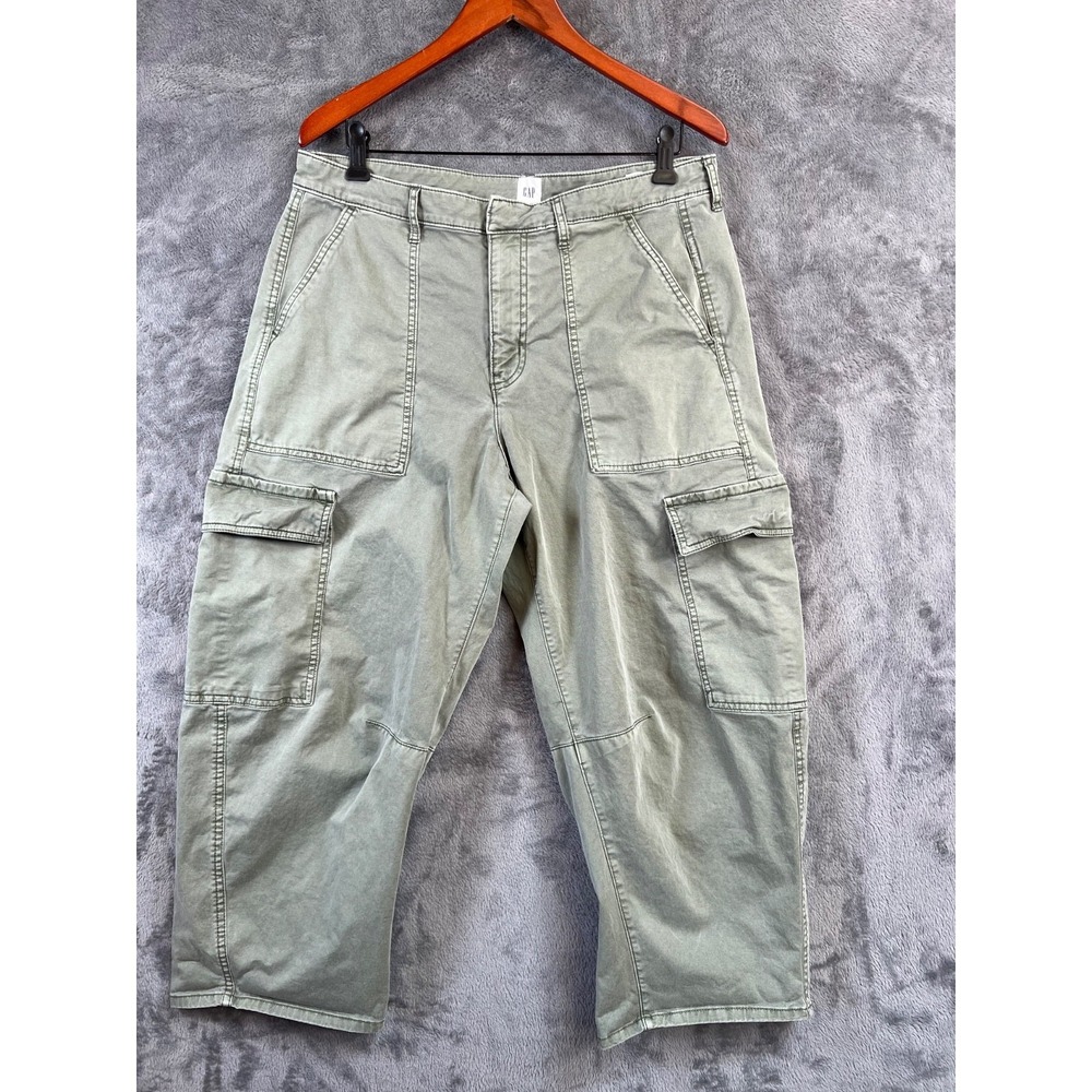 Gap Barrel Cargo Pants Womens 14P 34x24 Green High Rise Relaxed Tapered Cropped